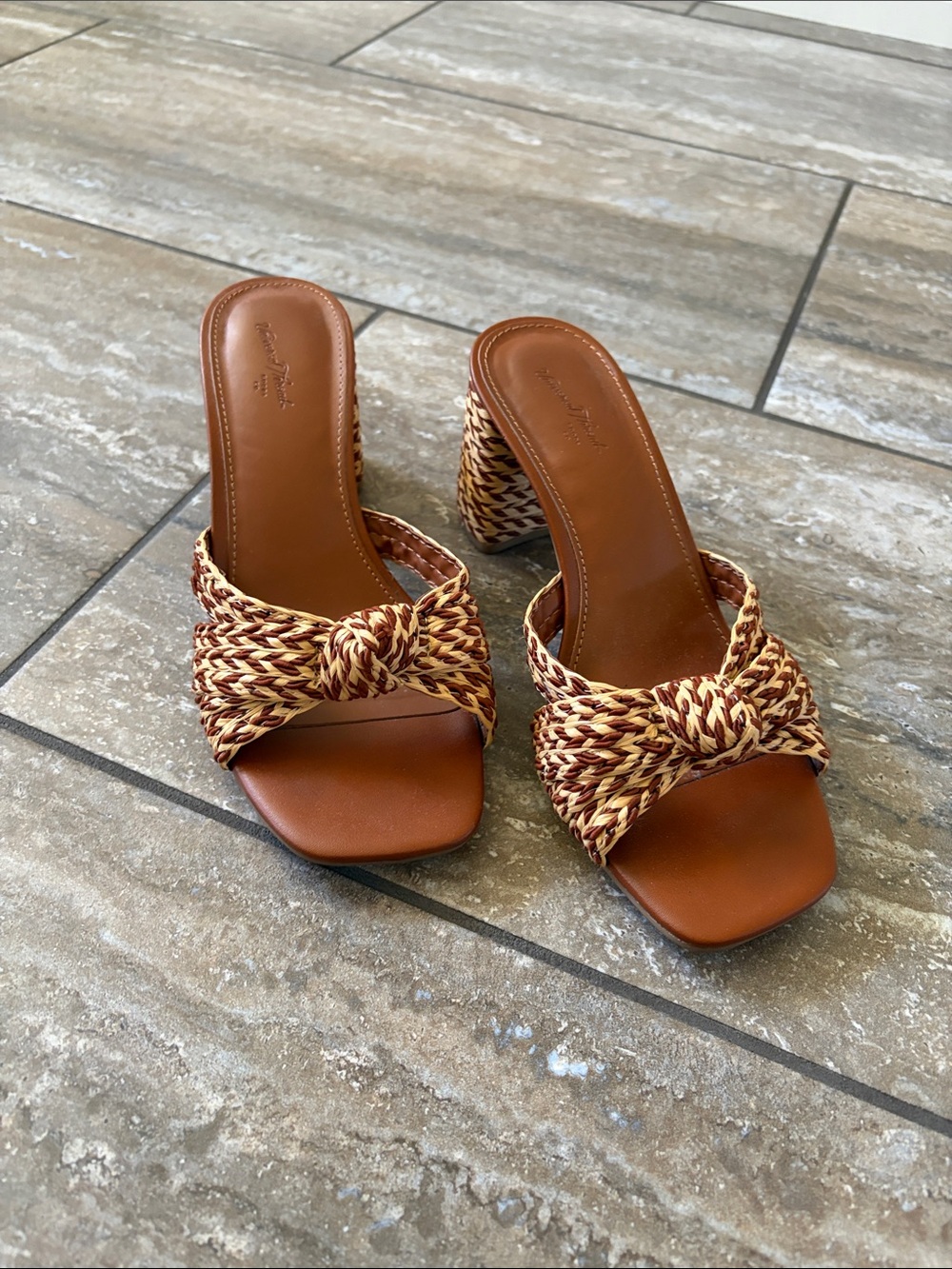 Beige brown Woven rattan chevron knot kitten block heels sandals